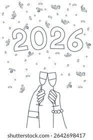 Doodle style 2026 New Year and Christmas Banner with hands holding champagne glasses. Happy new Year Merry Christmas Hand Drawn Doodle Elements