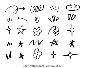 Doodle Style Abstract Accent Collection. A collection of 24 hand drawn doodle style accent marks including arrows stars sparkles and more. Perfect for comic elements and expressive decorations