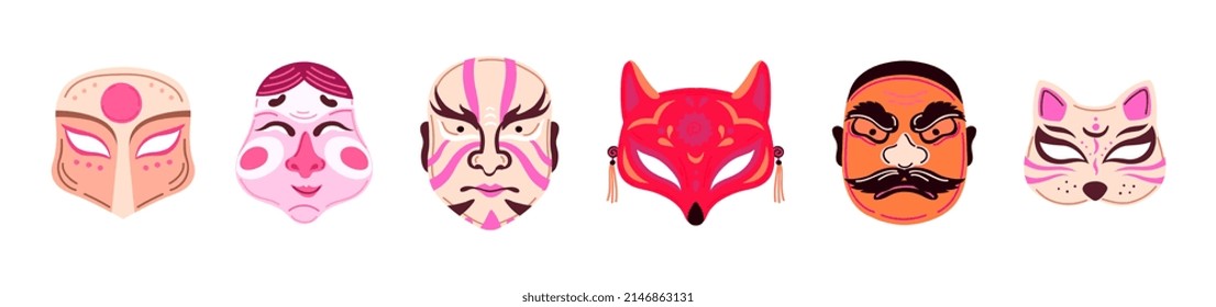 Doodle style abstract masks. Angry mascot, cat and fox mask. Decorative asian elements, mystic totem or save symbols vector set