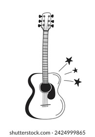 Doodle style acoustic guitar in vector format.Guitar on a white background.Vector illustration.Hand Drawn Guitar With Stars.
