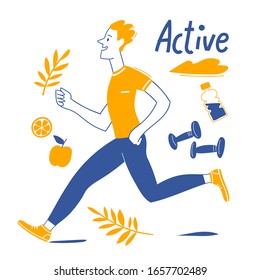 Hombre activo de estilo Doodle corriendo en la tarjeta de la mañana. Bien por la motivación de la carta o el afiche de estilo de vida natural 