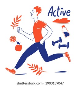 Doodle style active man running in the morning card. Good for motivational nature lifestyle card or poster