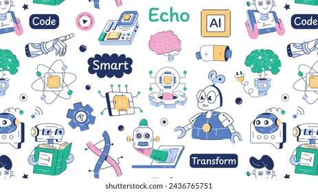 Un estilo de garabato que representa el aprendizaje profundo, las redes neuronales y otros elementos futuristas 