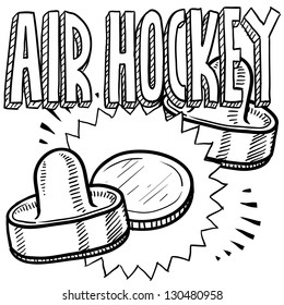 Doodle style air hockey sports illustration.  Includes text, pucks, and paddles.