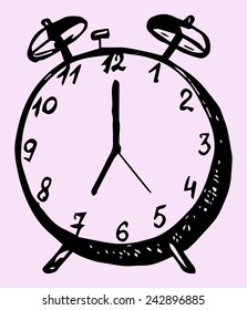 Doodle style alarm clock isolated on pink background