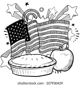 Doodle style American flag with apple pie and whole apple sketch in vector format