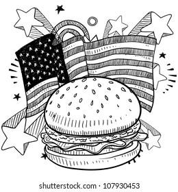 Doodle style American flag with hamburger and condiments sketch in vector format