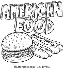 Doodle style American food vector sketch including hamburger, hot dog, and text message.
