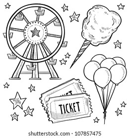Doodle Style Amusement Park Or Carnival Equipment Sketch In Vector Format. Includes Cotton Candy, Ferris Wheel, Balloons, And Ticket.