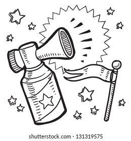 Doodle style announcement icon in vector format.  Sketch includes air horn, and flag.