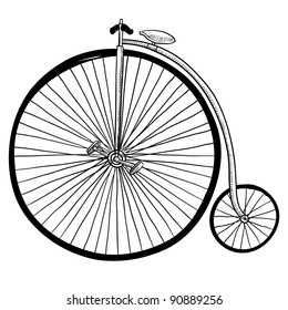 Doodle style antique bicycle with large front tire in vector format