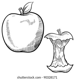 Doodle style apple and apple core vector illustration
