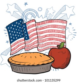 Doodle style apple pie with colorful American flag sketch in vector format