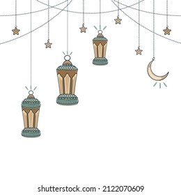 Doodle Style Arabic Lanterns, Stars, Crescent String And Copy Space On White Background For Islamic Festival Concept.