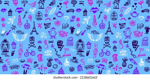 Doodle style art graphic vector seamless pattern with flowers and skulls, fruits and sweets line elements