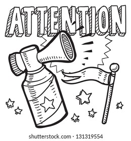 Doodle style attention announcement icon in vector format.  Sketch includes text, air horn, and flag.