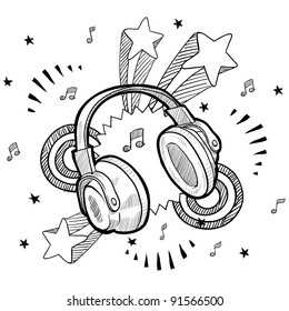 Doodle style audio headphones illustration in vector format with retro 1970s pop background