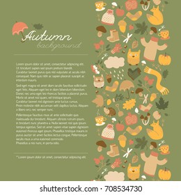 Doodle style autumn background with seamless vertical composition of isolated fall elements and place for editable text vector illustration