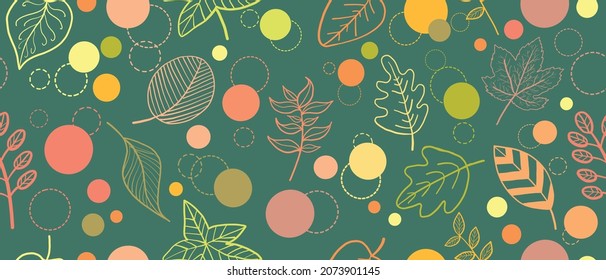 Doodle Style Autumn Leaves Vector Seamless Pattern on Green Background. Repeatable Vector Pastel Colors Autumn Leaves Texture with Circles Abstract.