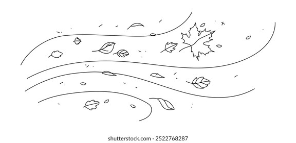 Doodle style autumn weather. Line art of wind carrying fallen leaves minimalistic outline illustration isolated on white. Hand drawn doodle wind motion, air blow, leaf falling elements.