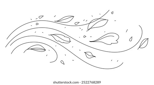 Doodle style autumn weather. Line art of wind carrying fallen leaves minimalistic outline illustration isolated on white. Hand drawn doodle wind motion, air blow, leaf falling elements.