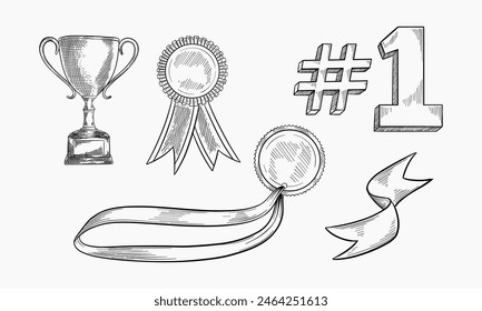 Boceto de los premios Doodle style en formato Vector. El conjunto incluye trofeo, cinta y gráfico del primer lugar.