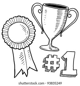 Doodle Style Awards Sketch In Vector Format. Set Includes Trophy, Ribbon, And 1st Place Graphic.