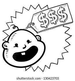 Doodle Style Babies Are Expensive Illustration In Vector Format.  Includes Caricature Of Infant With A Price Tag And Dollar Signs.