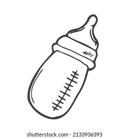 Doodle Style Baby Bottle Sketch With Milk Or Formula In Vector Format.