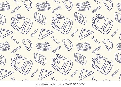 Doodle style back to school seamless pattern with stationery supplies, exercise book, calculator, backpack, ruler on a beige background.