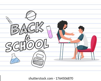 Doodle Style Back To School Text with Supplies Element and Cartoon Boy Studying from Laptop on Horizontal Stripes White Background.