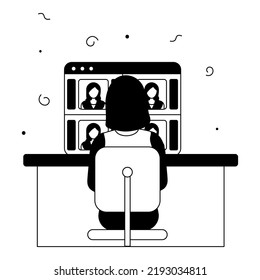 Doodle Style Back View Of Female Having Video Call With Friends Or Colleagues At Desk On White Background.
