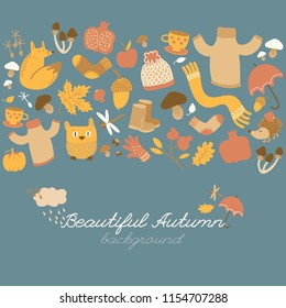 Doodle style background with fall foliage warm clothes and funny animal characters isolated images and decorative bottom title vector illustration