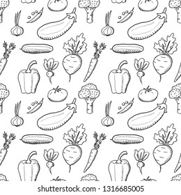 Doodle style background. Organic vegetables seamless vector texture. Black on white.