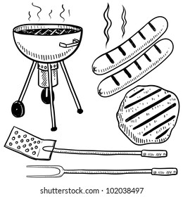 Doodle style backyard cookout or grill gear in vector format.  Set includes charcoal grill, hot dog, hamburger, spatula, and fork.