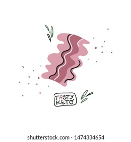 Doodle style bacon on an isolated background. Hand drawn lettering Tasty Keto. Design element for banners, cards, posters about the keto diet. Vector illustration.