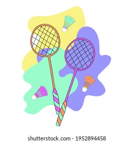 Doodle style badminton rackets and shuttlecocks. Vector illustration with lettering for logo, textile, prints, stickers, posters, postcards.