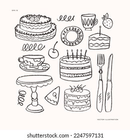 Doodle style bakery collection. Layer cake with fork and cup. Vector illustration