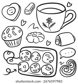 Doodle Style Bakery Set with Pastries, Bread, Cakes and Sweets