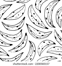 Doodle style banana seamless pattern. Stylish seamless background with linear bananas with dots. Hand drawn doodle style ornament. Textile fabric print with fruits. Abstract nature background.