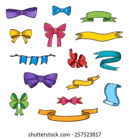 Doodle style banner, sketch ribbons and bows on white background. Vector seamless pattern.