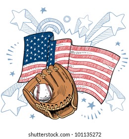 Doodle style baseball glove in front of colorful American flag sketch in vector format