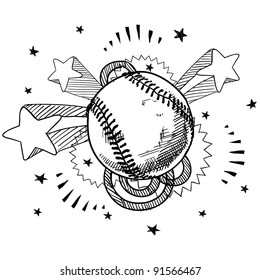 Doodle style baseball illustration in vector format with retro 1970s pop background