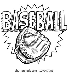 Doodle style baseball sports illustration in vector format.  Includes ball, glove or mitt, and title text.