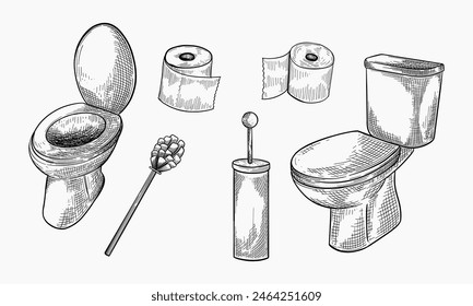 Doodle style bathroom objects illustration including toilet and paper in vector format.