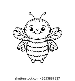 Doodle style bee illustration with a smiling face and detailed wings, perfect for coloring books, kids' designs, or educational materials.