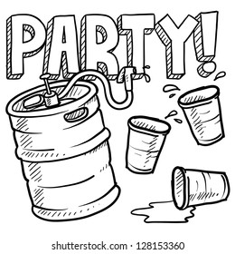 Doodle style beer keg, frat party, or kegger illustration in vector format