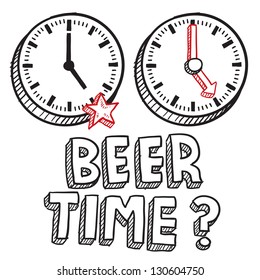 Doodle style beer time or end of work day illustration in vector format.  Includes text and clocks indicating 5 PM.