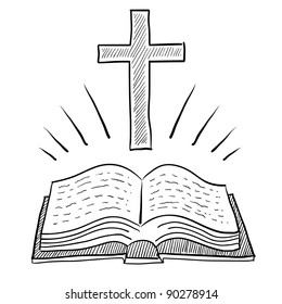 Doodle Style Bible Or Book With Christian Cross Vector Illustration