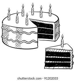 Doodle style birthday cake and cake slice illustration in vector format suitable for web, print, or advertising use.